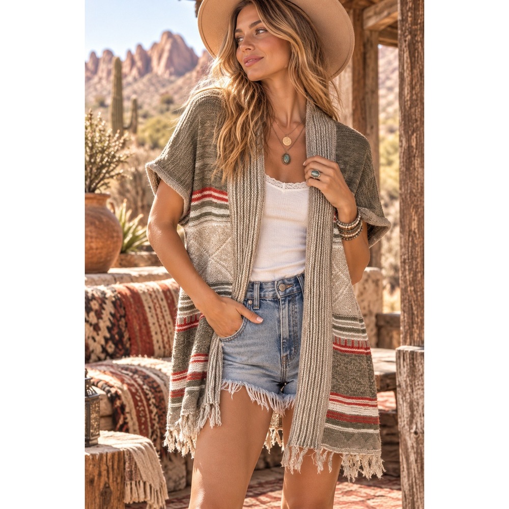 Studio JPR Womens Olive Green Southwestern Fringe Open Front Cardigan Large